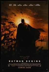 3f077 BATMAN BEGINS coming soon style advance DS 1sh '05 Bale as Caped Crusader w/bats!