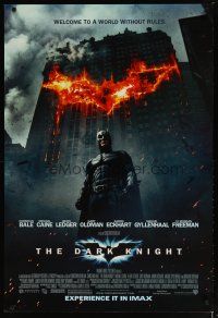 3f189 DARK KNIGHT DS IMAX 1sh '08 Christian Bale as Batman in front of flaming building!