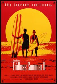 3f225 ENDLESS SUMMER 2 1sh '94 great image of surfers with boards on the beach at sunset!