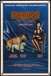 3f522 MENAGE 1sh '86 Tenue de Soiree, really outrageous image of Miou-Miou sitting with dogs!