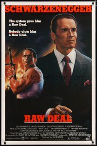 3f632 RAW DEAL 1sh '86 close up art of tough guy Arnold Schwarzenegger with gun & in suit!
