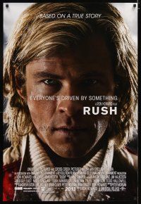 3f664 RUSH advance DS 1sh '13 cool close-up of Chris Hemsworth as F1 driver James Hunt!