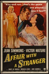 3h030 AFFAIR WITH A STRANGER style A 1sh '53 art of Jean Simmons, Victor Mature & sexy bad girl!