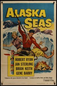 3h035 ALASKA SEAS 1sh '54 cool art of Robert Ryan attacking man with harpoon!