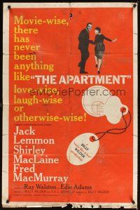 3h074 APARTMENT 1sh '60 Billy Wilder, Jack Lemmon, Shirley MacLaine, cool key-in-lock art!