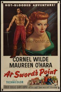 3h082 AT SWORD'S POINT 1sh '52 full-length Cornel Wilde, super close up of sexy Maureen O'Hara!