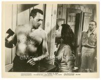 3k282 FLOODS OF FEAR 8x10.25 still '59 barechested Howard Keel with hatchet, sexy Anne Heywood!