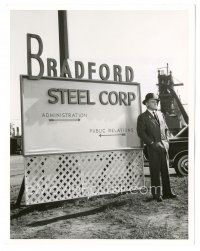 3k888 THESE WILDER YEARS candid deluxe 8x10.25 still '56 c/u of James Cagney by steel company sign!