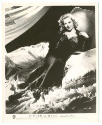 3k950 VIRGINIA MAYO 8x10 still '40s full-length sexy portrait in black negligee laying on bed!