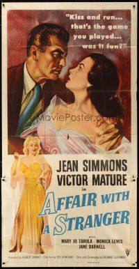 3m167 AFFAIR WITH A STRANGER 3sh '53 great artwork of Jean Simmons, Victor Mature & sexy bad girl!