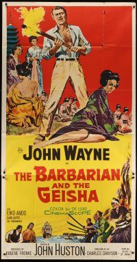 3m185 BARBARIAN & THE GEISHA 3sh '58 John Huston, art of John Wayne with torch & Eiko Ando!