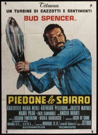 3m887 FLATFOOT Italian 1p '73 wacky art of Bud Spencer swinging big fish like a bat!