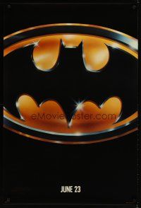 3p076 BATMAN glossy teaser 1sh '89 directed by Tim Burton, cool image of Bat logo!