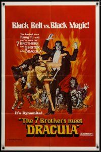 3r140 7 BROTHERS MEET DRACULA 1sh '79 kung fu horror, black belt vs black magic, cool art!