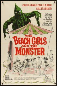 3r167 BEACH GIRLS & THE MONSTER 1sh '65 classic schlocky grade-Z movie, music by Frank Sinatra Jr!