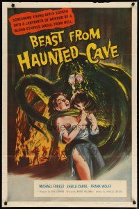 3r168 BEAST FROM HAUNTED CAVE 1sh '59 uncensored art of monster with sexy near-naked victim!
