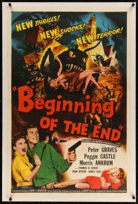 3r008 BEGINNING OF THE END linen 1sh '57 Peter Graves & Peggie Castle, giant grasshopper sci-fi!