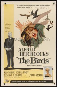 3r009 BIRDS linen 1sh '63 Alfred Hitchcock, Tippi Hedren, classic art of attacking avians!