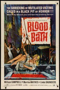 3r182 BLOOD BATH 1sh '66 cool artwork of sexy babe being lowered into a pit of horror!