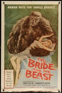 3r192 BRIDE & THE BEAST 1sh '58 Ed Wood classic, great wacky art of huge ape holding sexy girl!