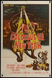3r211 COLOSSUS OF NEW YORK 1sh '58 great art of robot monster holding sexy girl & attacking!