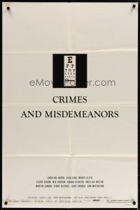 3r223 CRIMES & MISDEMEANORS style A 1sh '89 Woody Allen directs & stars, eye chart image!