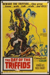 3r235 DAY OF THE TRIFFIDS 1sh '62 classic English sci-fi horror, cool art of monster with girl!