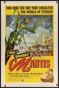 3r020 DEADLY MANTIS linen 1sh '57 art of giant insect attacking Washington D.C. by Ken Sawyer!