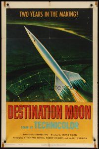 3r240 DESTINATION MOON 1sh '50 Robert A. Heinlein, cool artwork of rocket flying through space!