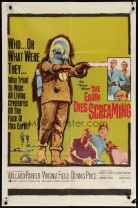 3r258 EARTH DIES SCREAMING 1sh '64 Terence Fisher sci-fi, wacky monster, who or what were they?