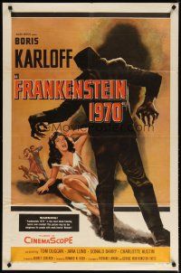 3r280 FRANKENSTEIN 1970 1sh '58 Boris Karloff, great artwork of monster attacking sexy girl!