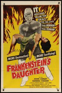 3r284 FRANKENSTEIN'S DAUGHTER 1sh '58 great close up artwork of wacky monster holding sexy girl!