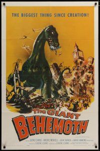 3r295 GIANT BEHEMOTH 1sh '59 cool art of massive brontosaurus dinosaur monster smashing city!