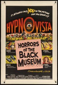 3r024 HORRORS OF THE BLACK MUSEUM linen 1sh '59 amazing new dimension in screen thrills, Hypno-Vista