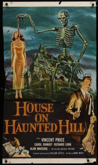 3r315 HOUSE ON HAUNTED HILL 1sh '59 classic art of Vincent Price & skeleton with hanging girl!