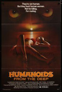 3r318 HUMANOIDS FROM THE DEEP 1sh '80 classic sexy art of eyes looming over sexy girl on beach!