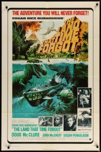 3r345 LAND THAT TIME FORGOT 1sh '75 Edgar Rice Burroughs, cool George Akimoto dinosaur art!