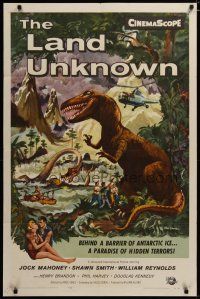 3r346 LAND UNKNOWN 1sh '57 a paradise of hidden terrors, great art of dinosaurs by Ken Sawyer!