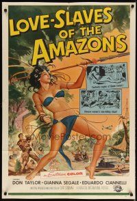 3r352 LOVE-SLAVES OF THE AMAZONS 1sh '57 art of sexy barely-dressed female native throwing spear!
