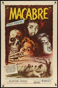 3r353 MACABRE 1sh '58 William Castle, cool Besser art of skeleton & screaming babes in graveyard!