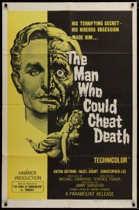 3r356 MAN WHO COULD CHEAT DEATH 1sh '59 Hammer horror, cool half-alive & half-dead headshot art!