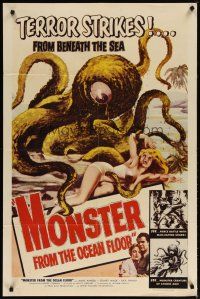 3r362 MONSTER FROM THE OCEAN FLOOR 1sh '54 cool art of the octopus beast attacking sexy girl!