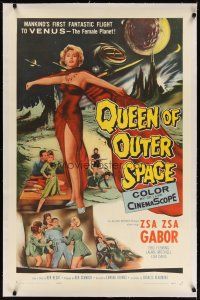 3r041 QUEEN OF OUTER SPACE linen 1sh '58 artwork of sexy full-length Zsa Zsa Gabor on Venus!
