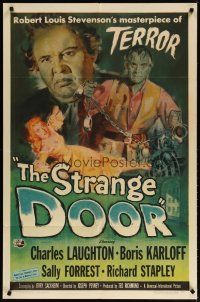 3r441 STRANGE DOOR 1sh '51 art of chained Boris Karloff, Charles Laughton & sexy Sally Forrest!
