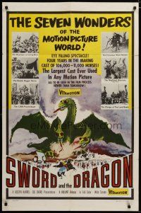 3r444 SWORD & THE DRAGON 1sh '60 cool fantasy art of three-headed winged monster attacking!