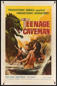 3r046 TEENAGE CAVEMAN linen 1sh '58 sexy art of prehistoric rebels against prehistoric monsters!
