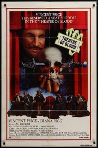 3r454 THEATRE OF BLOOD 1sh '73 great art of Vincent Price holding bloody skull w/dead audience!