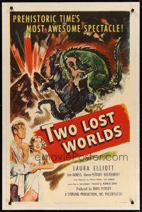 3r048 TWO LOST WORLDS linen 1sh '50 prehistoric time's most awesome spectacle, dinosaur art!