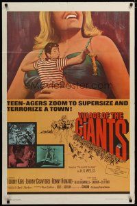 3r477 VILLAGE OF THE GIANTS 1sh '65 classic image of boy in gigantic sexy girl's cleavage!