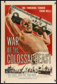 3r051 WAR OF THE COLOSSAL BEAST linen 1sh '58 art of the towering terror from Hell by Albert Kallis!